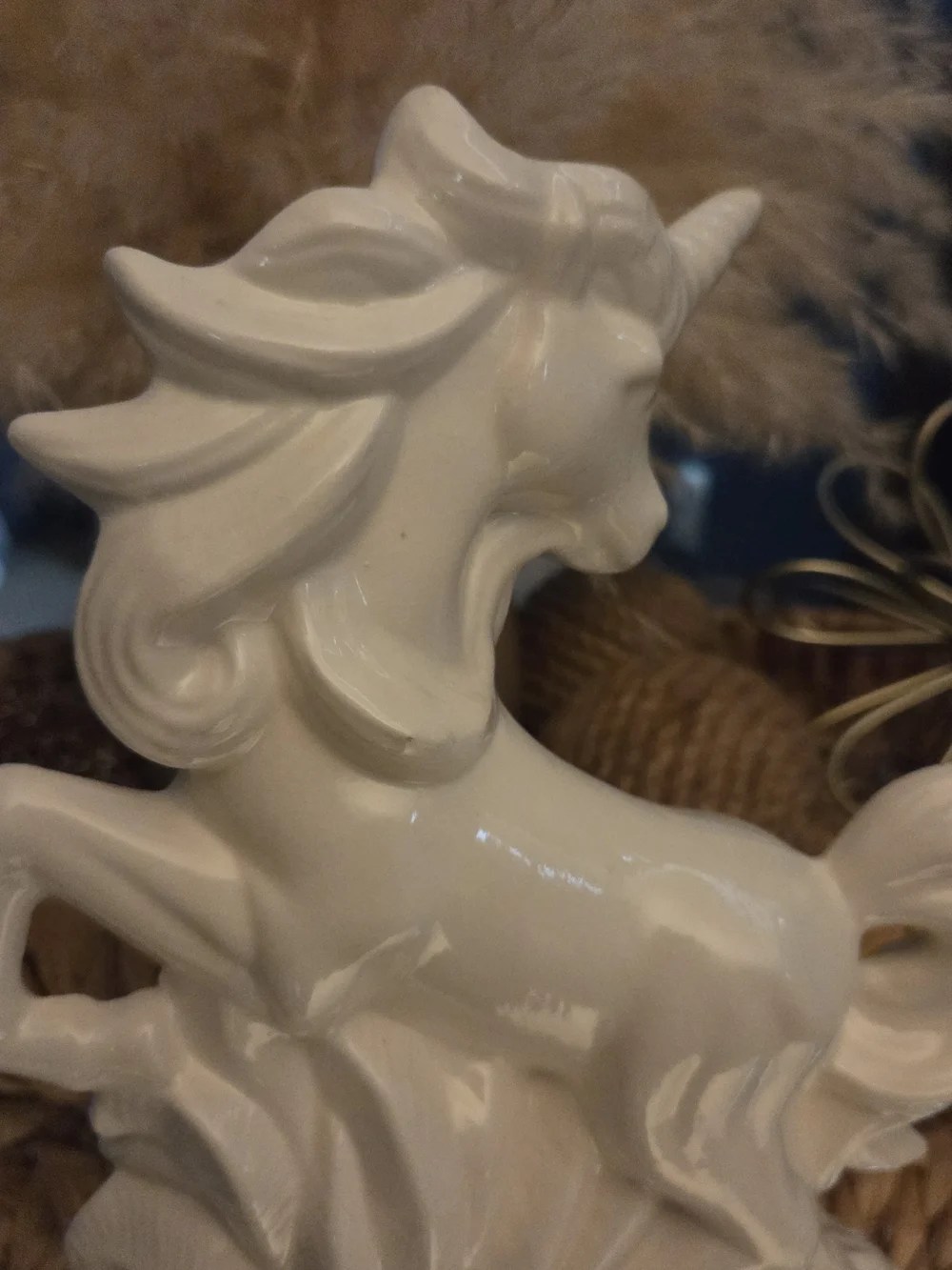 White Ceramic Unicorn Figurine Glossy Fantasy Decor Floral Base Shelf Decor